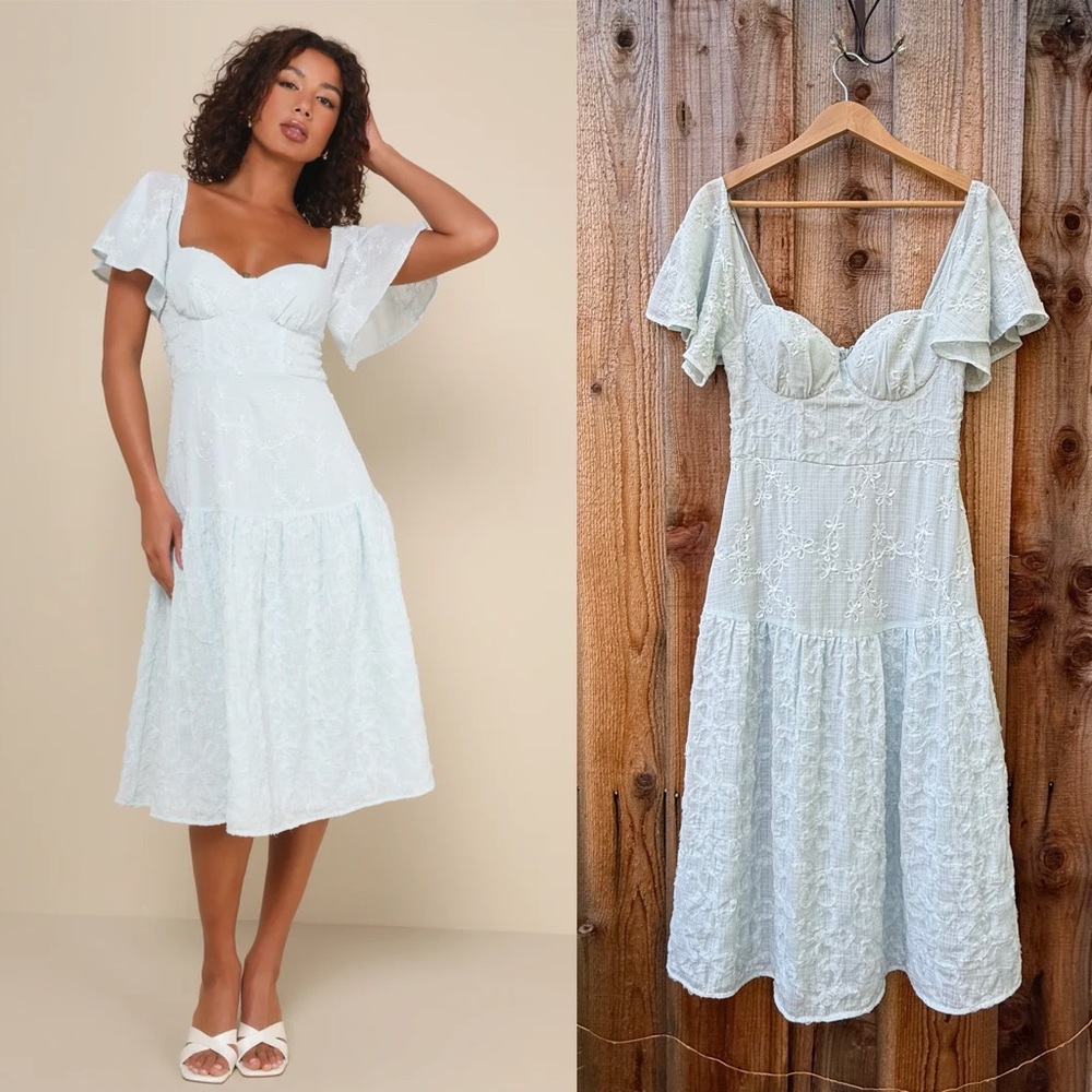 🌿 Light Blue Embroidered Floral Bustier Flutter-Sleeve Midi Dress 🌿